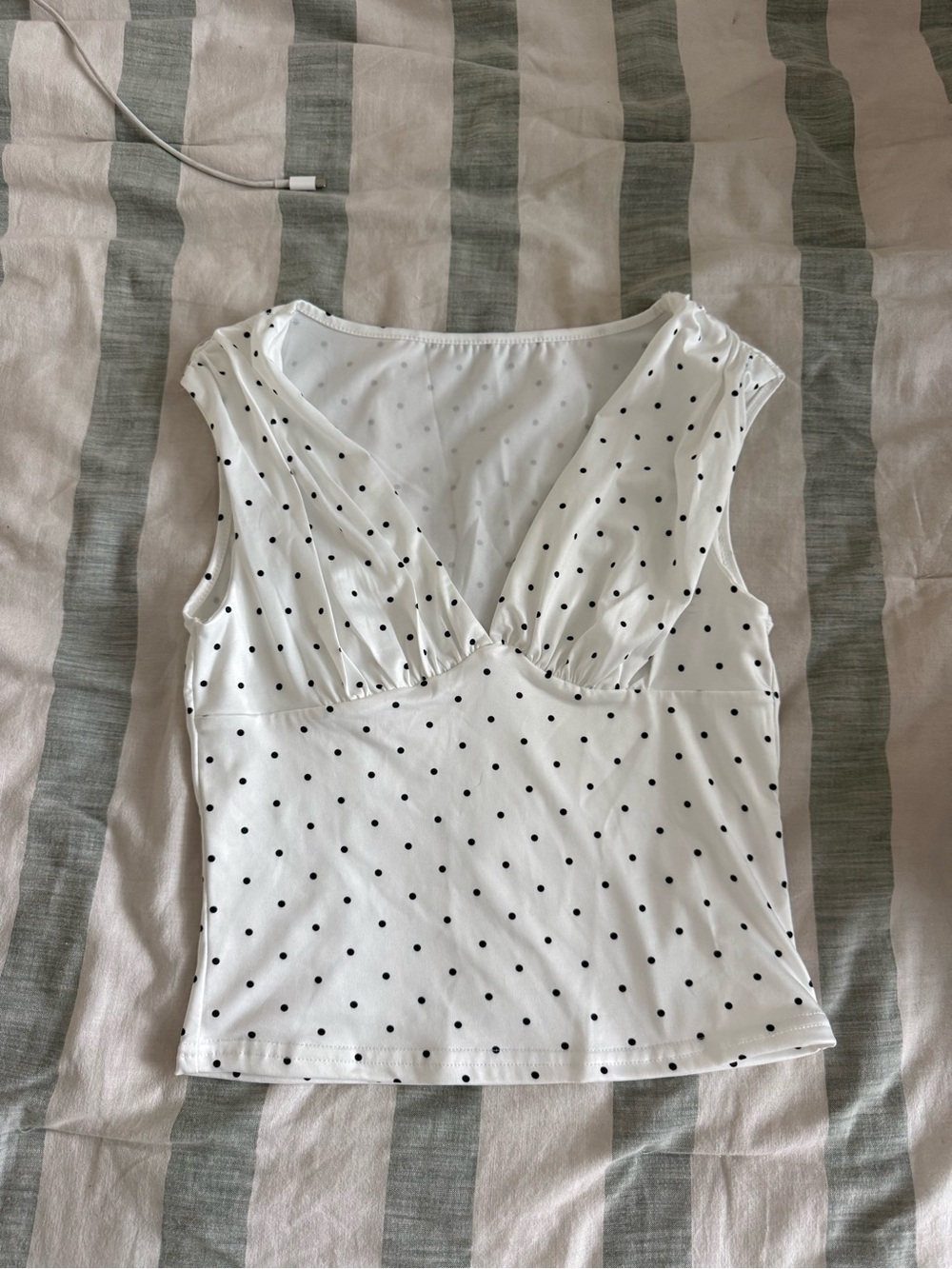 Women’s V-Neck Polka Dot Tank Top - White with Black Dots